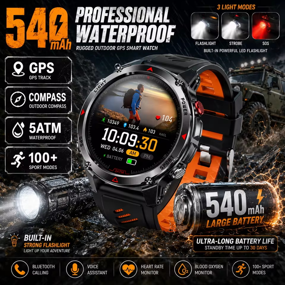 Electronics Gadgets For Men - Smartwatch Militare GPS 540mAh, Impermeabile 3ATM,